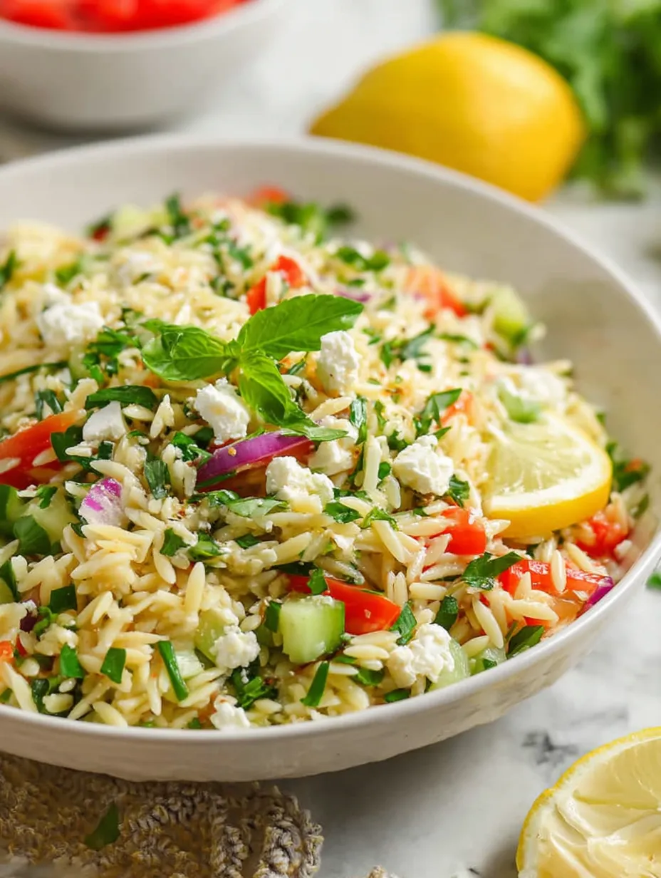 Eine Schüssel Orzo-Salat mit Feta-Käse und Zitrone.