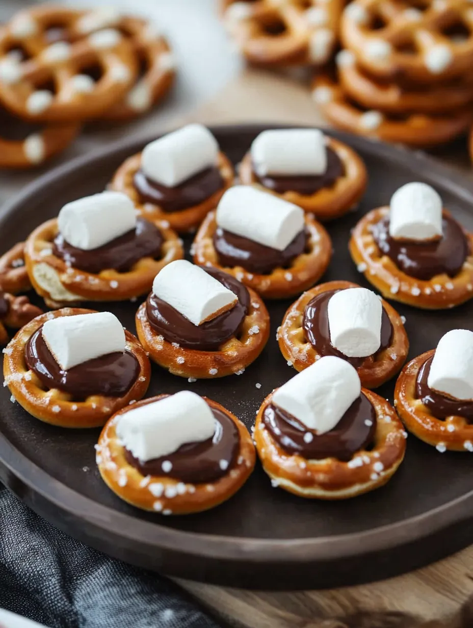 Ein Teller mit S'mores-Brezel-Häppchen Rezept.