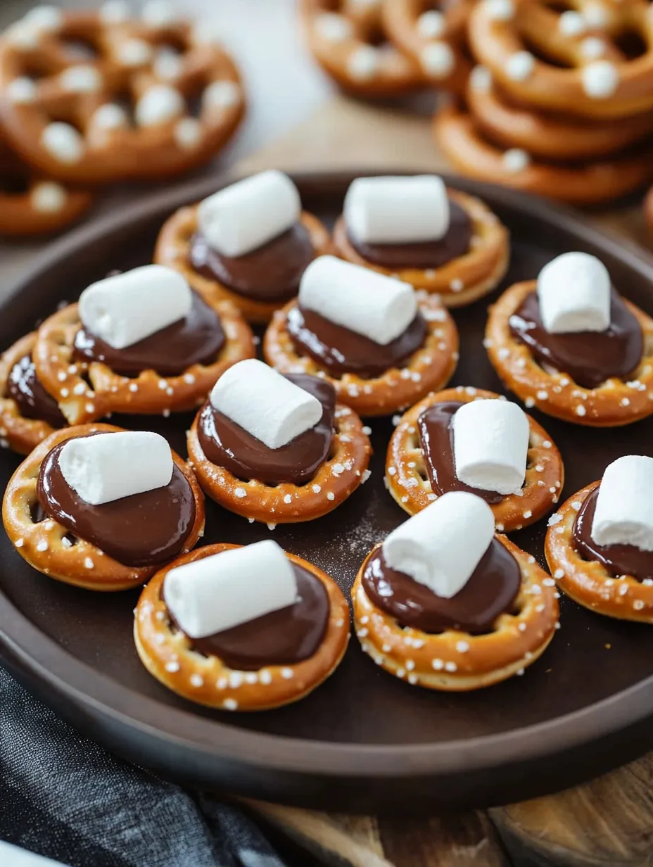 Ein Teller mit S'mores-Brezel-Häppchen.