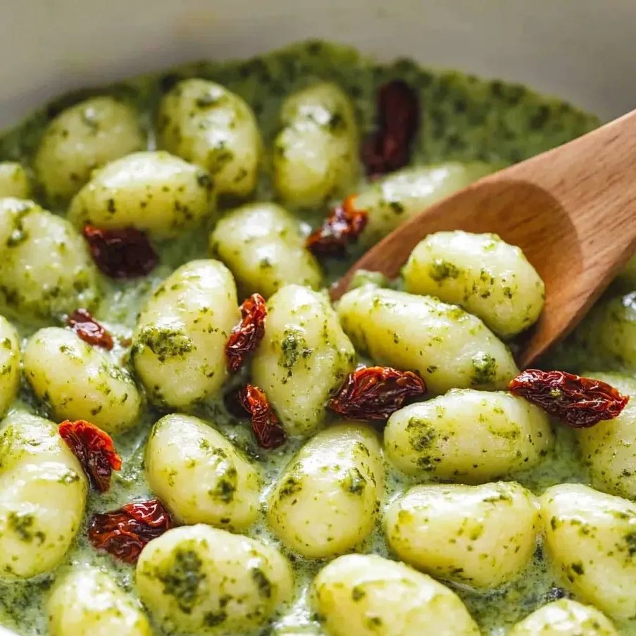 Eine Schüssel cremige Pesto-Gnocchi.