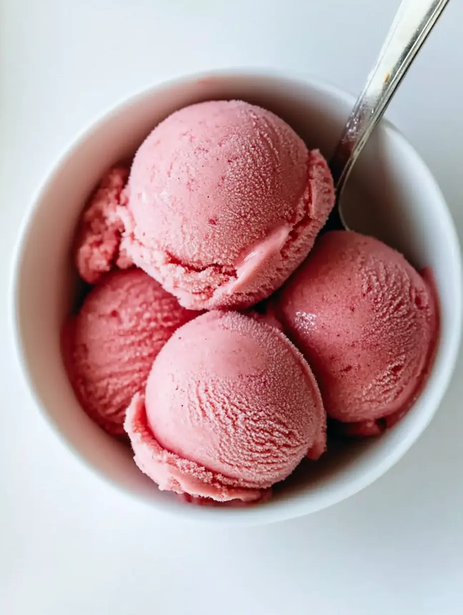 Eine Schüssel mit rosa Frozen Yogurt und einem Löffel darin.