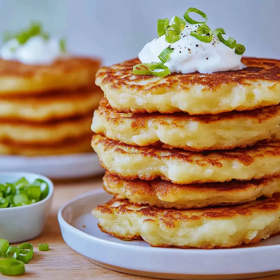 Ein Stapel Kartoffelpfannkuchen mit weißer Sauce obendrauf.