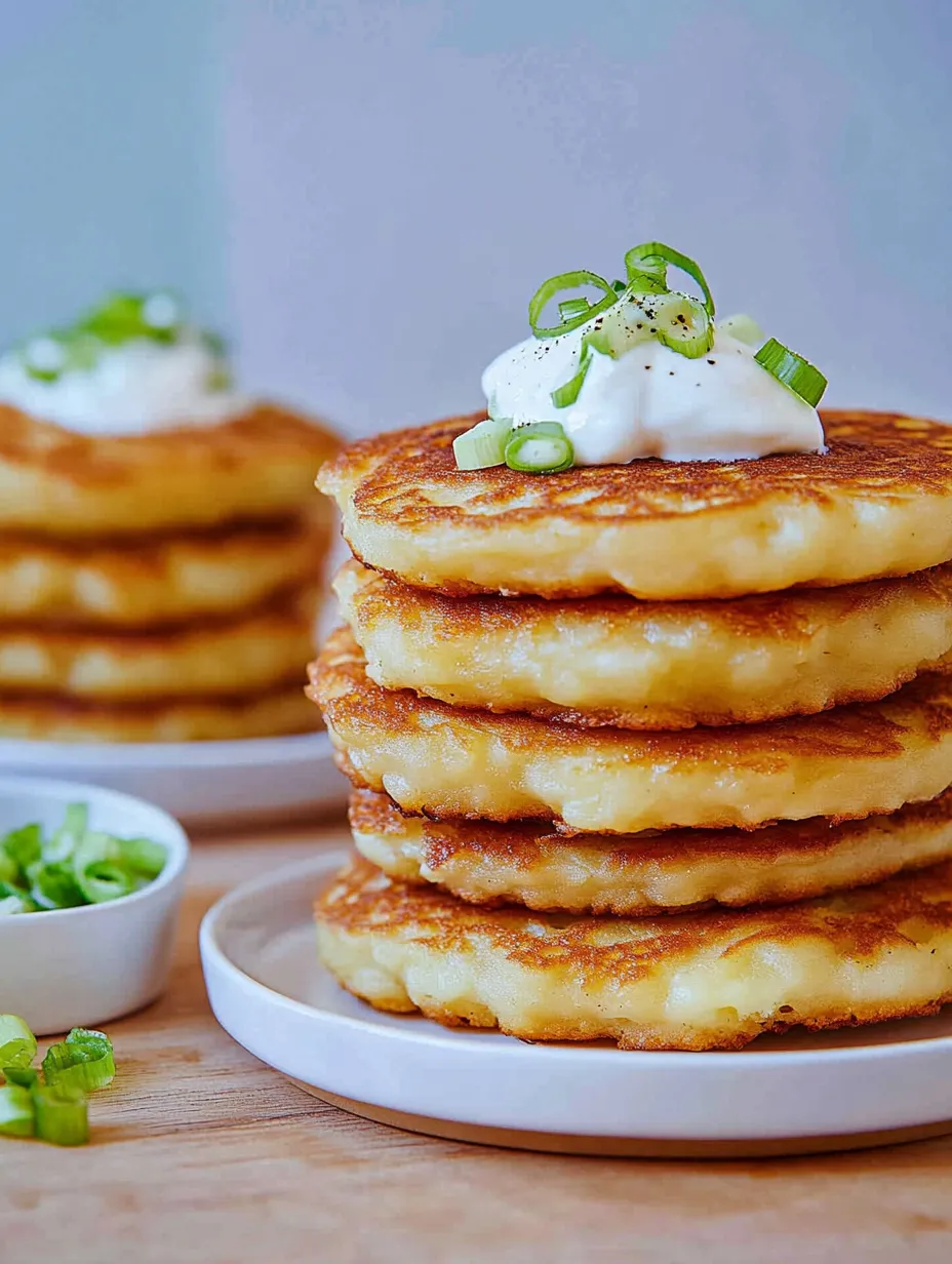 Stapel Kartoffelpuffer mit weißer Sauce.