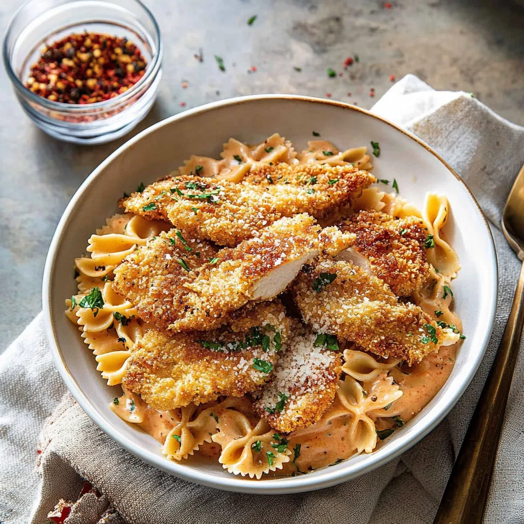 Eine Schüssel Hähnchen mit Parmesankäse.