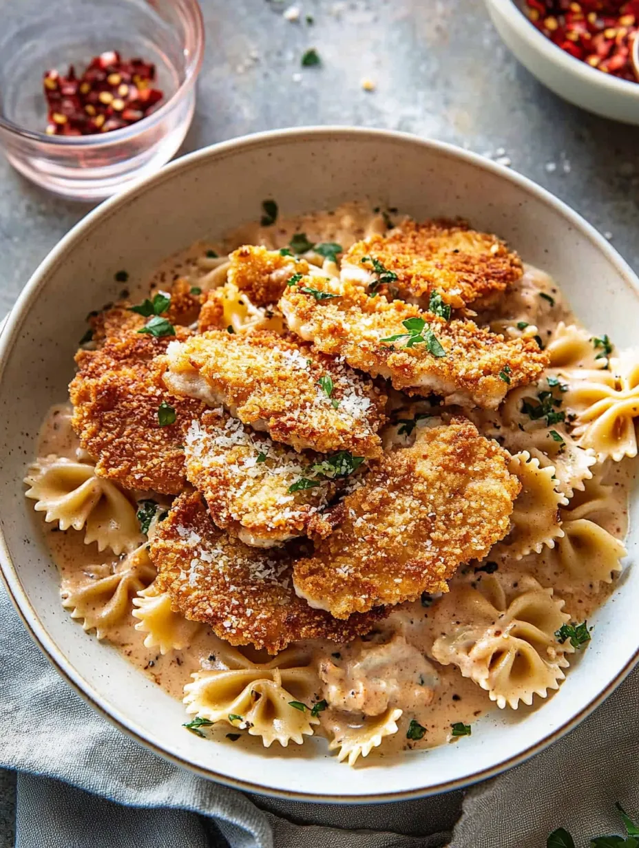 Eine Schüssel Hähnchen mit Parmesankäse.
