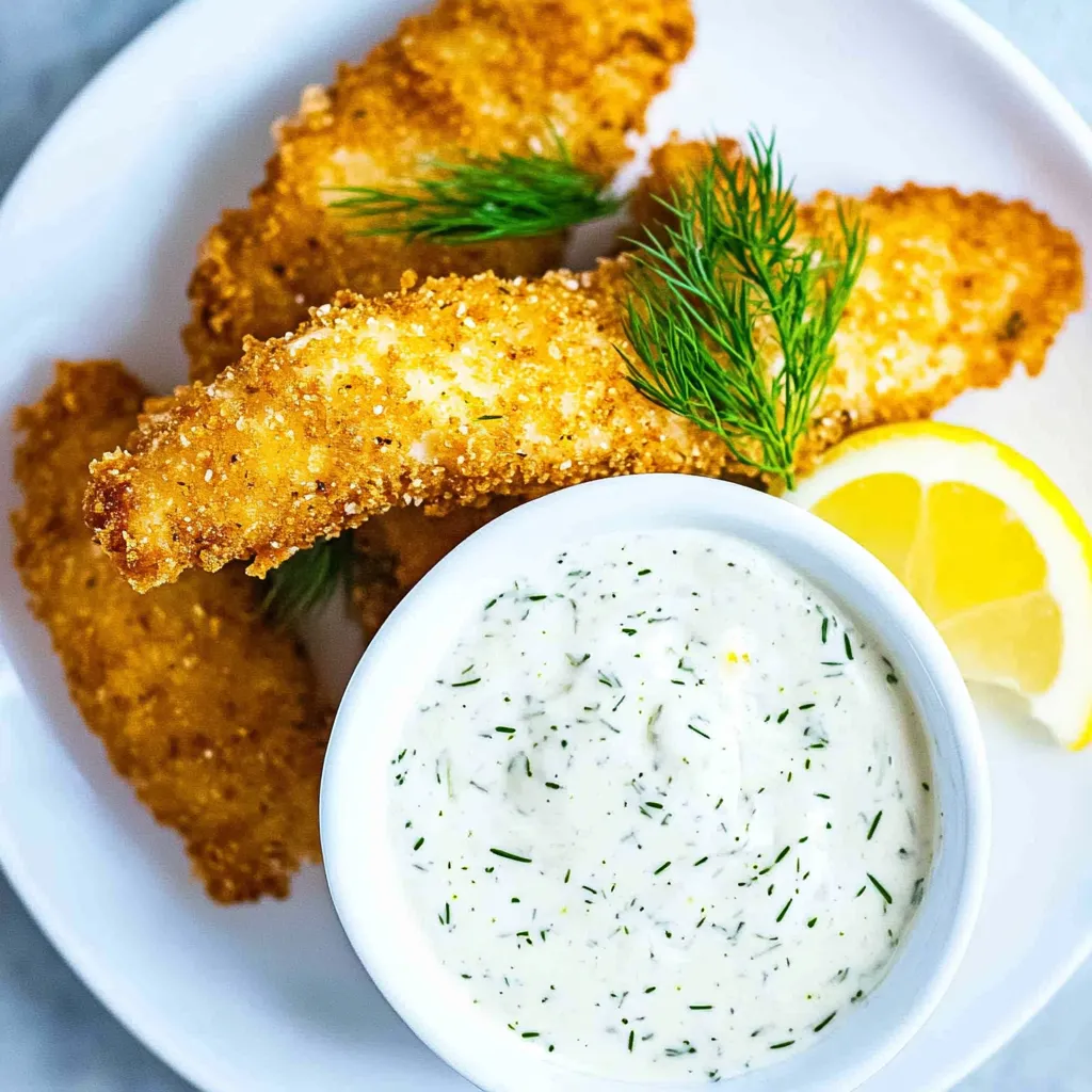 Ein weißer Teller mit einer Schüssel Tartarsoße und paniertem Fisch.