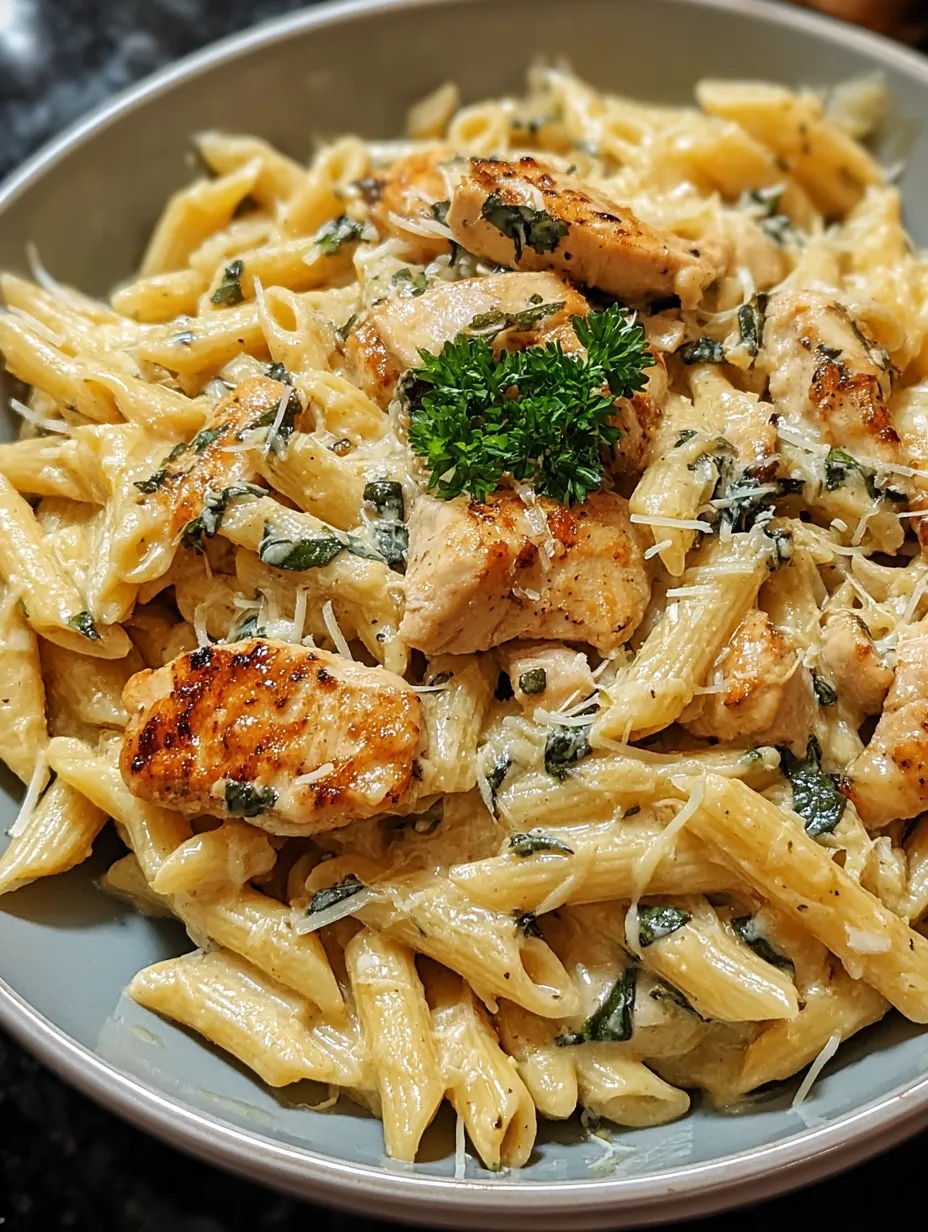 Eine Schüssel Nudeln mit Hähnchen und Petersilie.