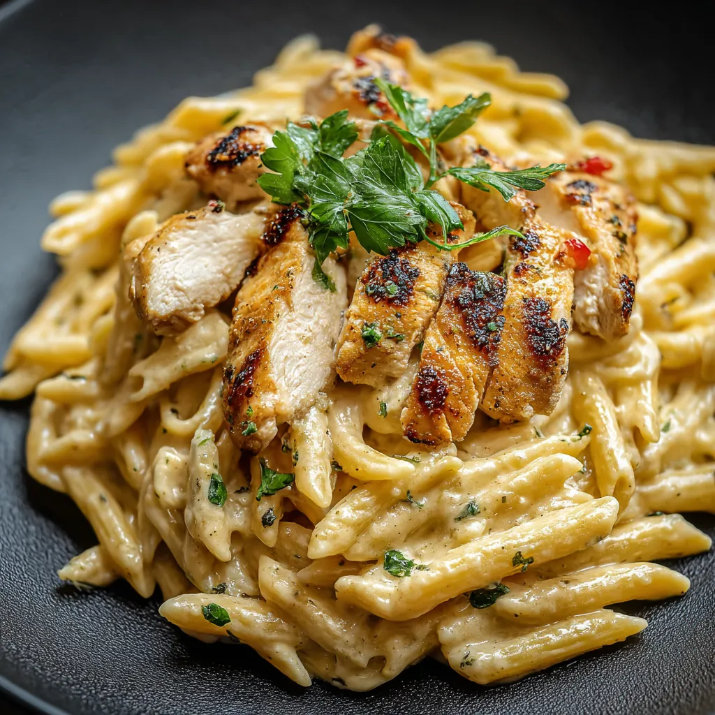 Ein Teller mit Hühnchen und Pasta mit grüner Garnierung.