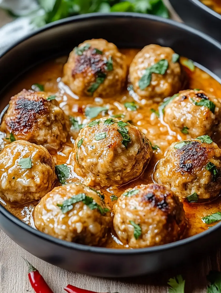 Eine Schüssel mit Fleischbällchen in brauner Sauce.