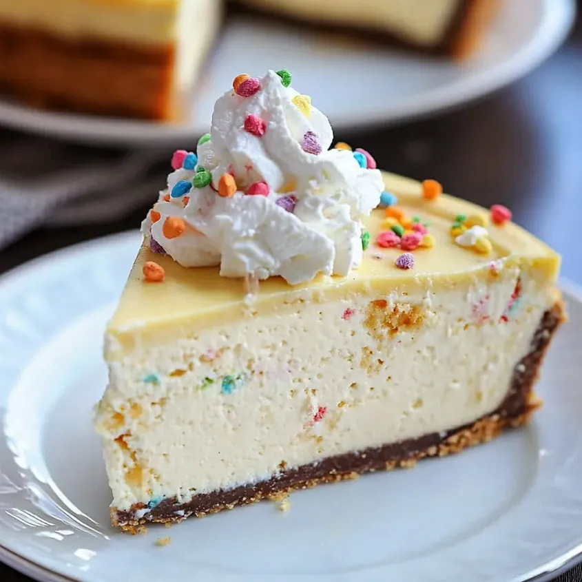 Ein Stück Käsekuchen mit Kuchenteig-Geschmack und einem Klecks Sahne obendrauf.