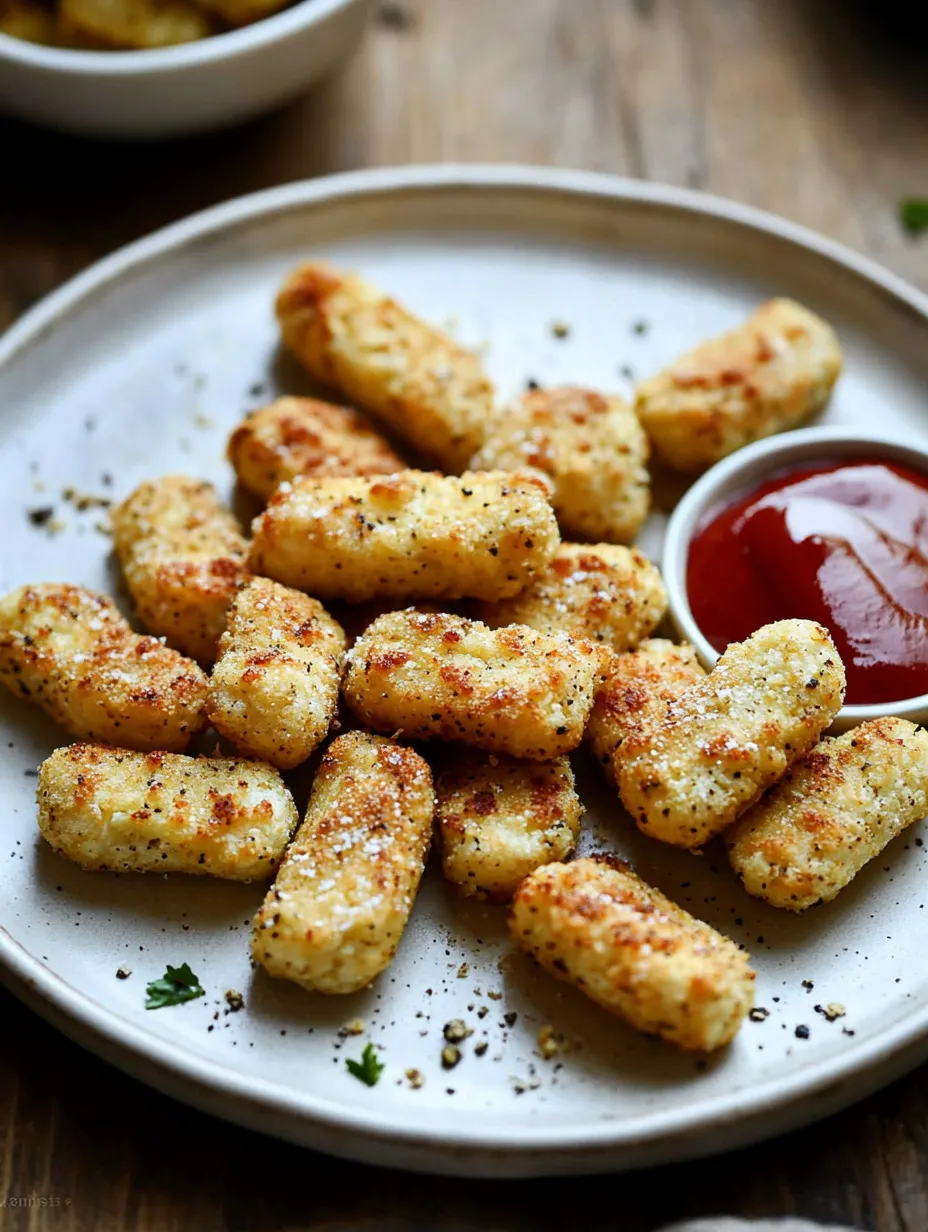 Ein Teller mit gebackenen Blumenkohlröstis und Ketchup als Dip.