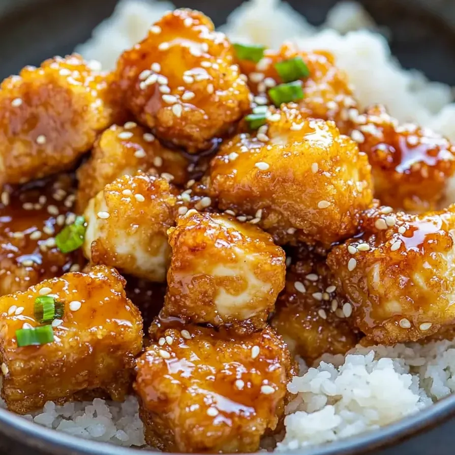 Eine Schüssel mit knusprigem Honig-Knoblauch-Tofu.