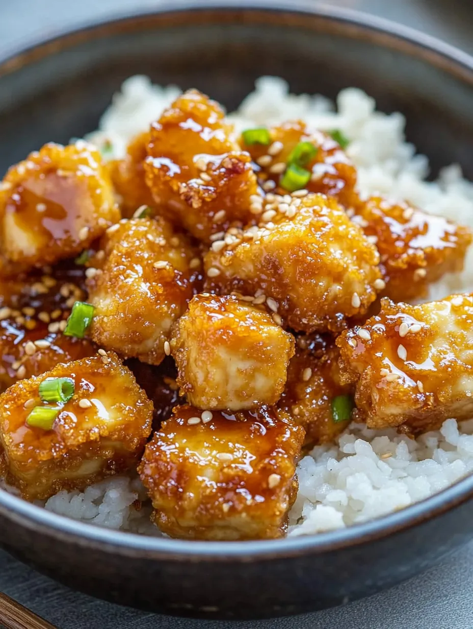 Eine Schüssel mit knusprigem Honig-Knoblauch-Tofu Gericht.