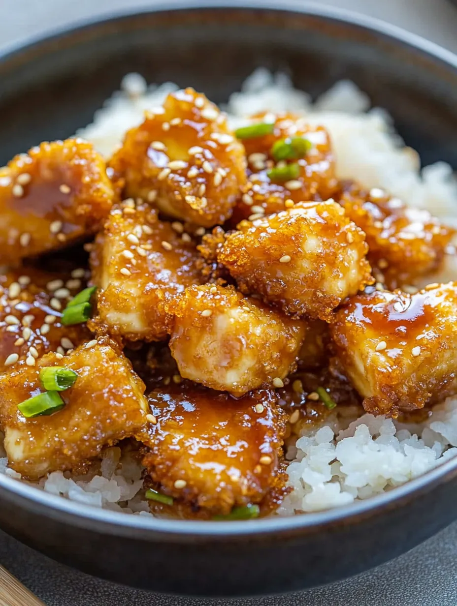 Eine Schüssel mit knusprigem Honig-Knoblauch-Tofu.