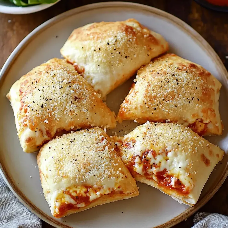 Ein Teller mit käsigen Hähnchen-Pizzataschen.