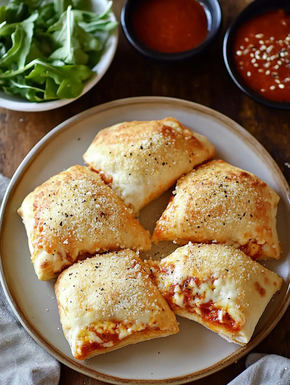 Ein Teller mit käsigen Hähnchen-Pizza-Taschen Rezept.