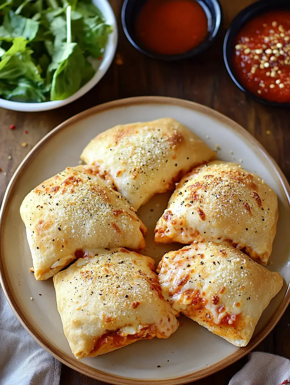 Ein Teller mit käsigen Hähnchen-Pizza-Taschen.