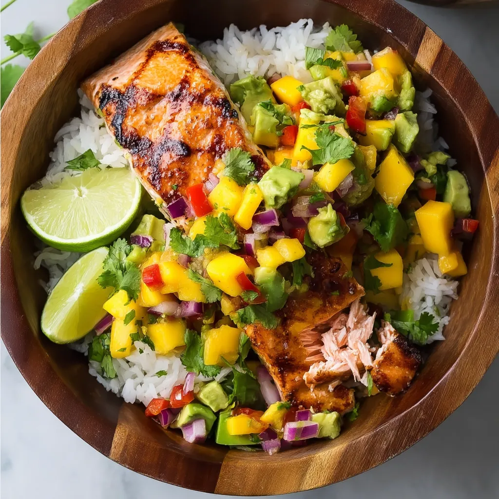 Eine Schüssel mit gegrilltem Lachs und Mangosoße.