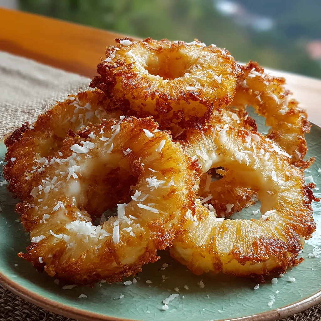 Frittierte Kokos-Ananas-Ringe auf einem Teller.