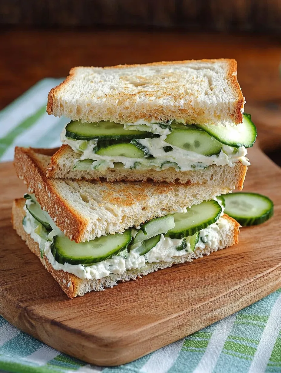 Ein Gurkensandwich auf einem Holzbrett.