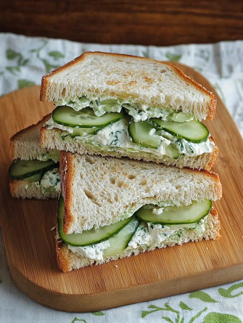Ein Gurkensandwich auf einem Holzbrett.