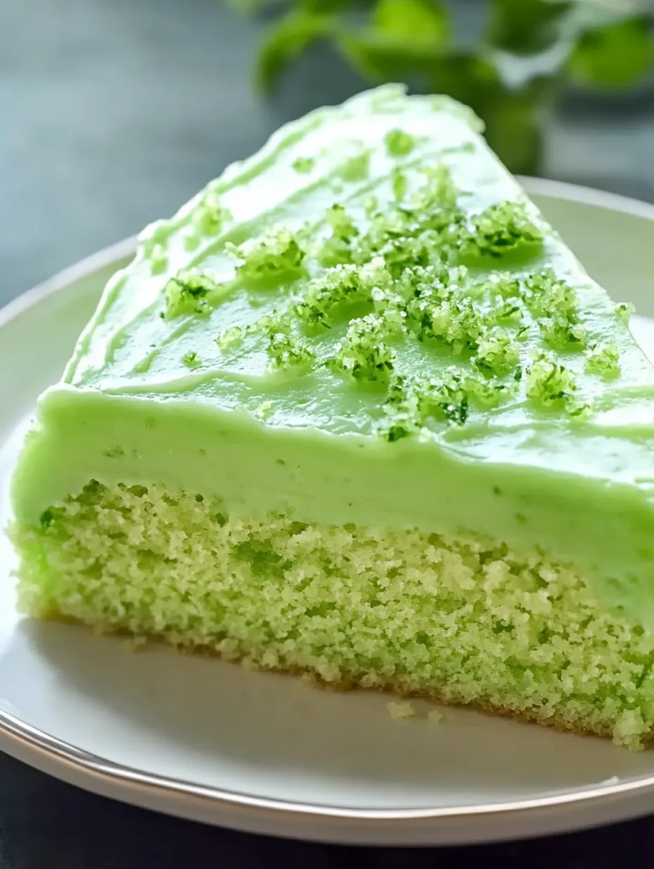 Ein Stück grüner Kuchen mit Limettentopping.