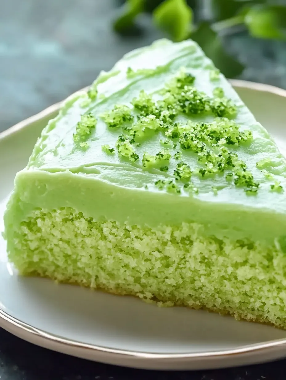 Ein Stück grüner Kuchen mit Limettentopping.
