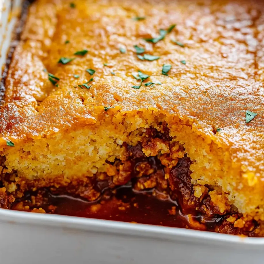 Ein gebackenes Gericht mit Maisbrot-Kruste und BBQ-Hähnchenfüllung.