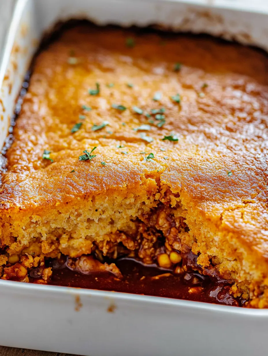 Ein gebackener Auflauf mit Maisbrot-Kruste und BBQ-Hähnchenfüllung Rezept.