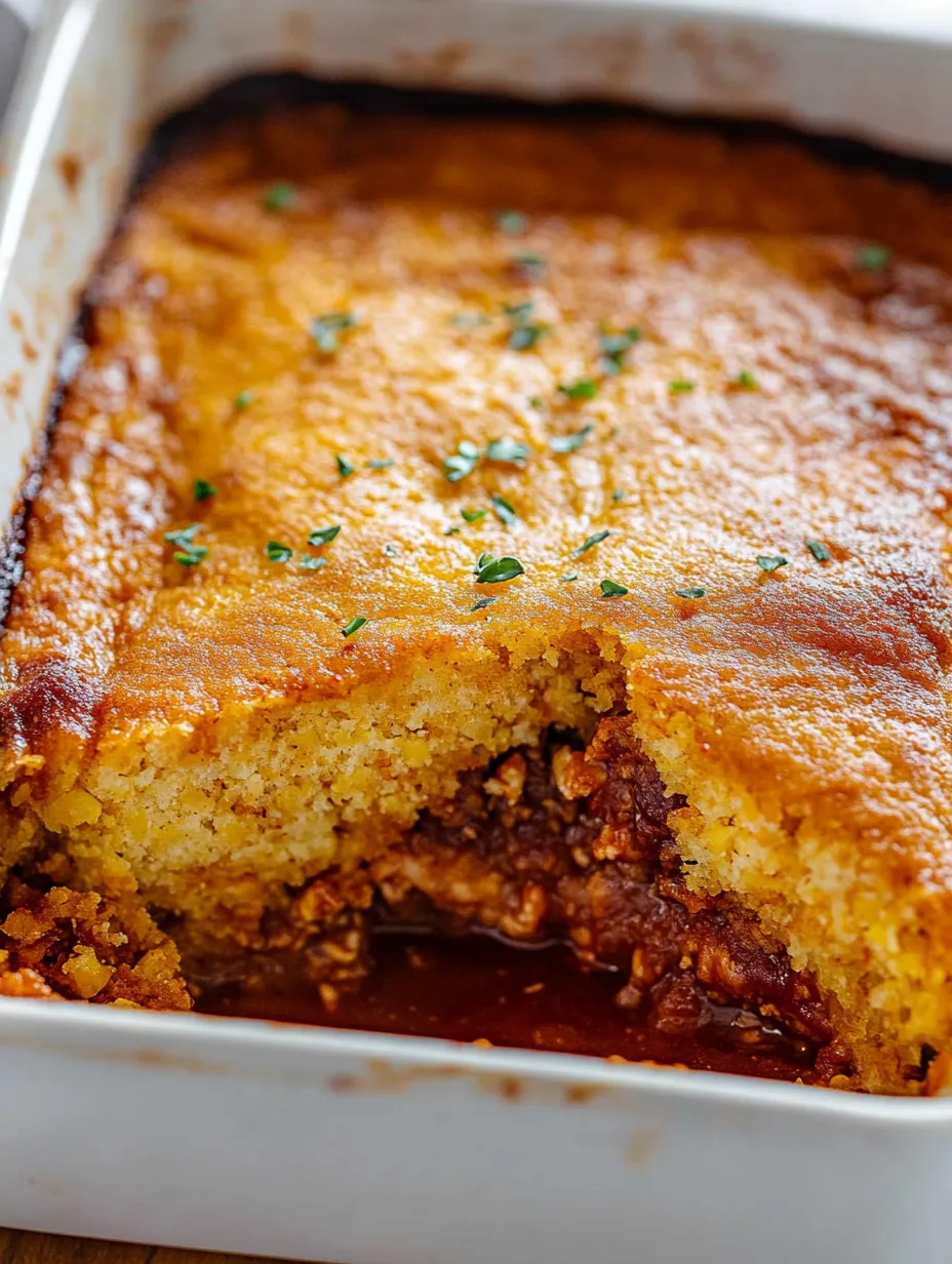 Ein gebackener Auflauf mit Maisbrot-Kruste und BBQ-Hähnchenfüllung.