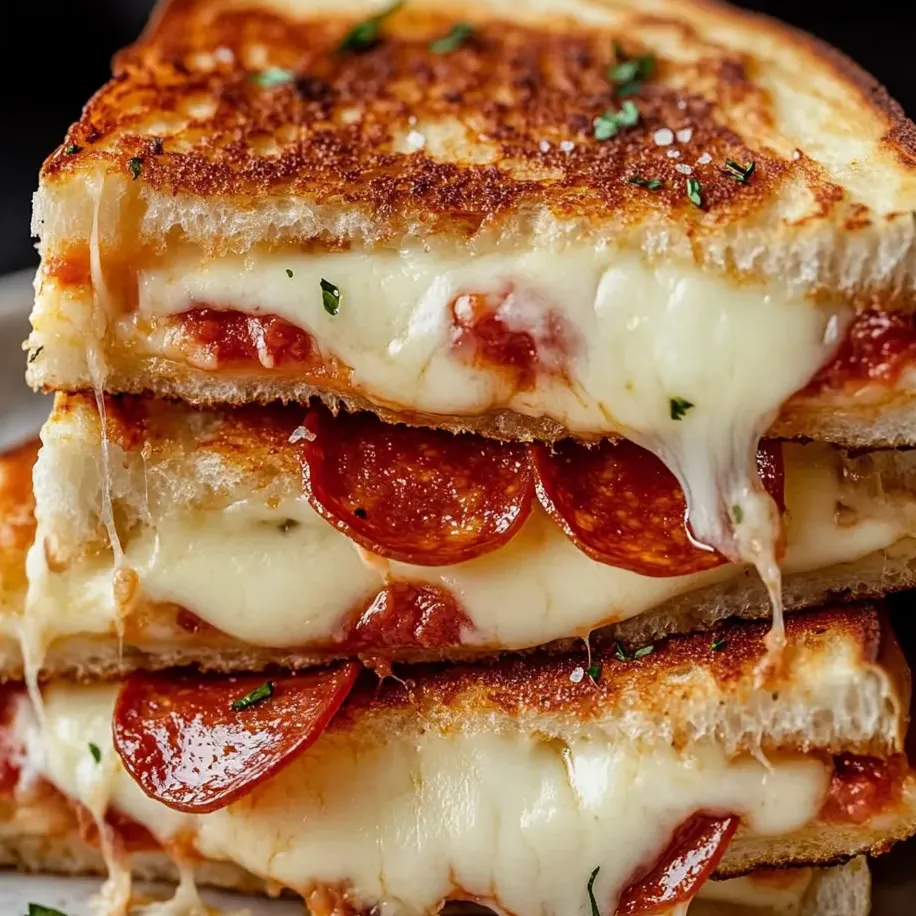 Drei Scheiben Pepperoni Pizza Käsetoast.