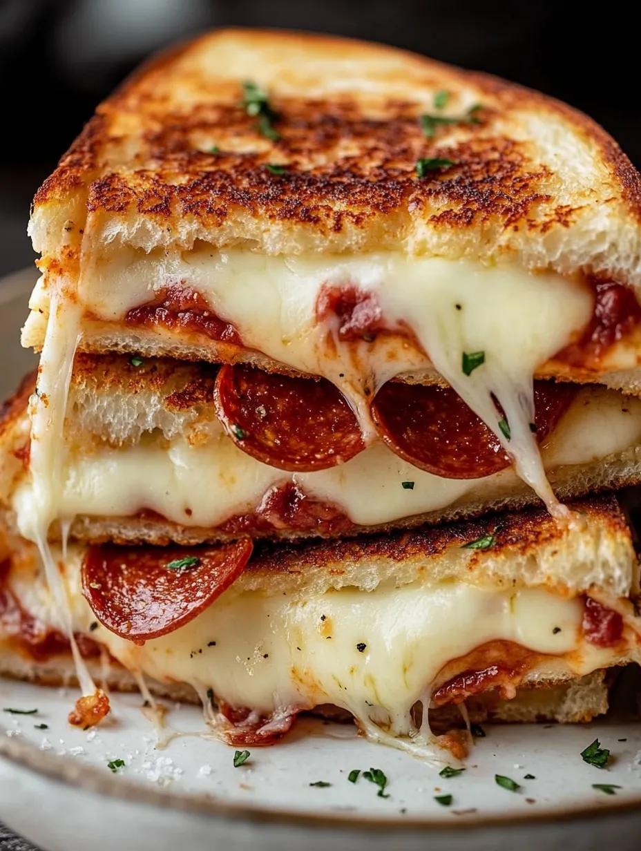 Ein Stapel gegrillter Käse-Sandwiches mit Pepperoni.