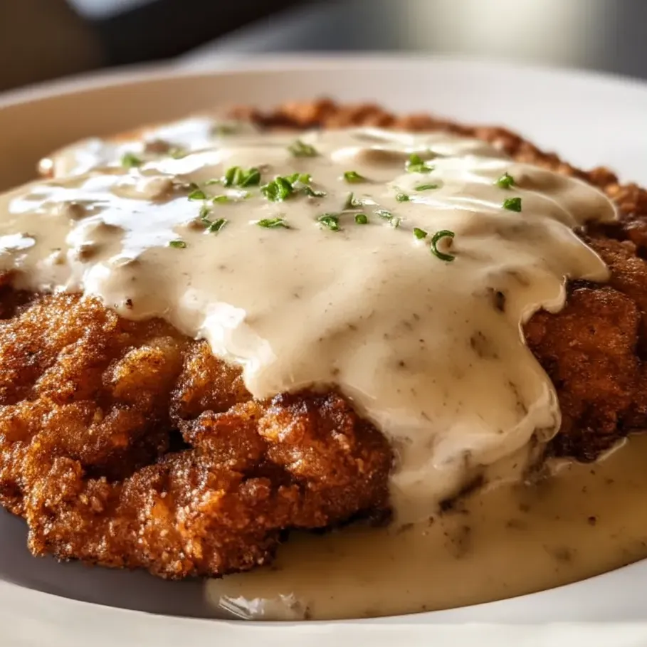 Ein Teller mit Steak Schnitzel und Soße.