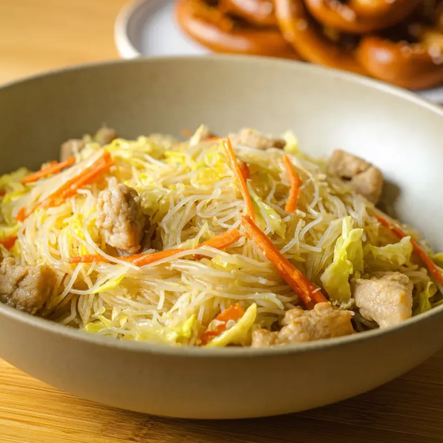 Eine Schüssel Pancit mit Fleisch und Gemüse.