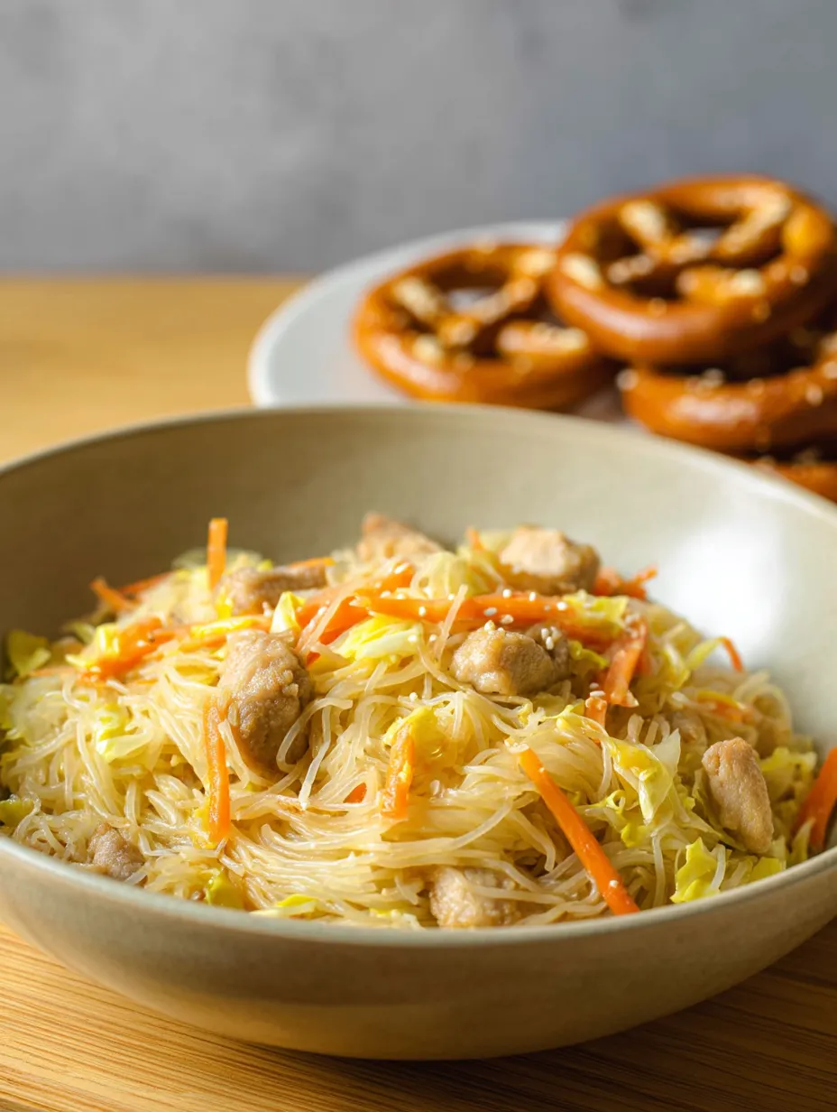 Eine Schüssel Nudeln mit Fleisch und Gemüse.