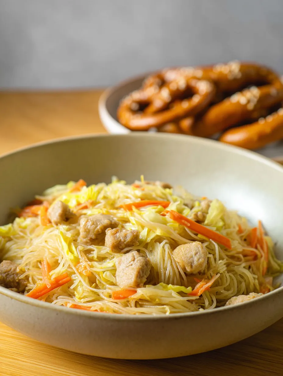 Eine Schüssel Pancit-Nudeln mit Fleisch und Gemüse.