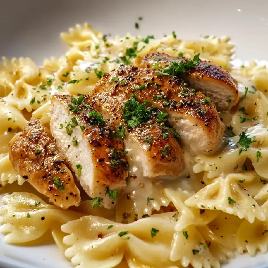 Ein Teller Nudeln mit Hähnchen und Kräutern.