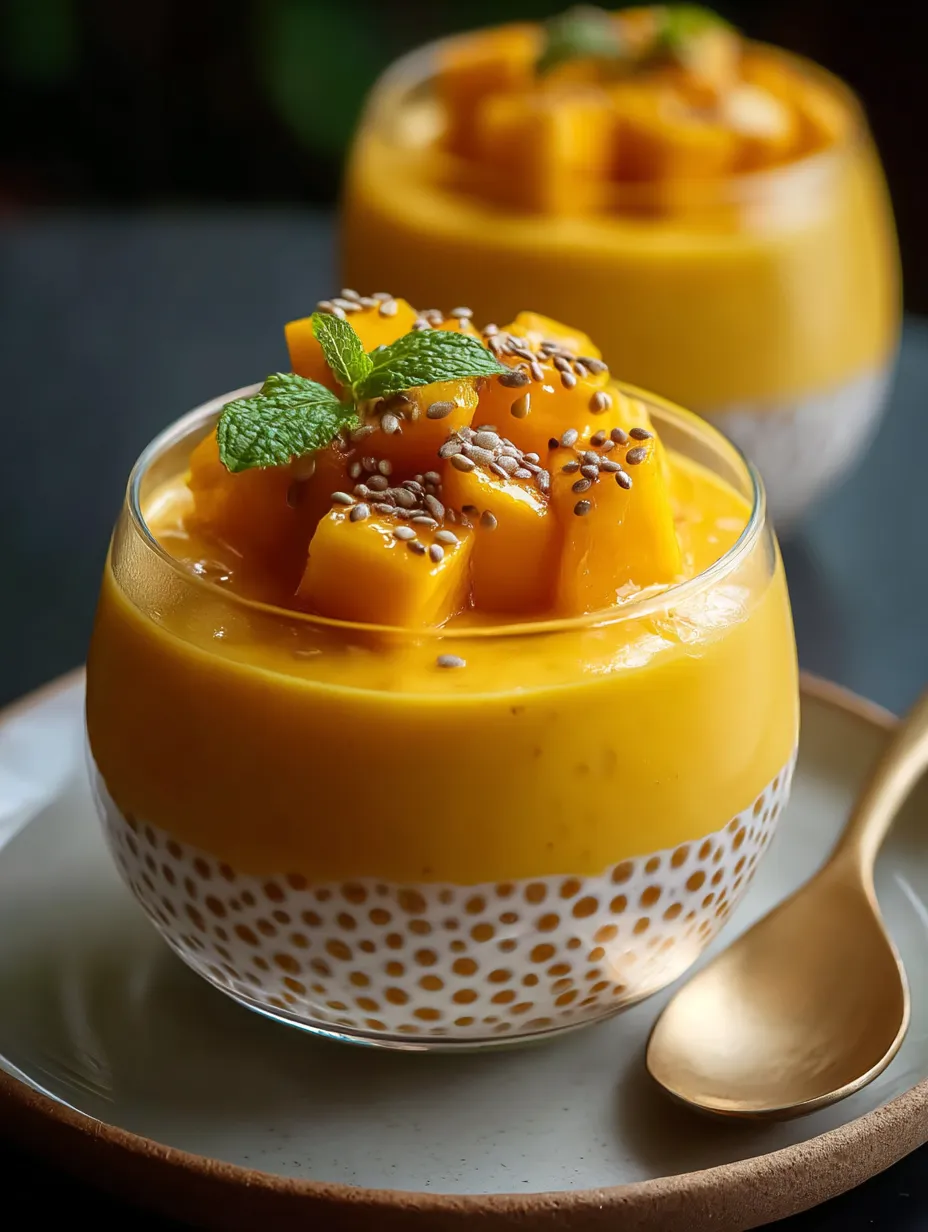 Eine Schüssel Mango-Sago-Dessert mit einem Löffel.
