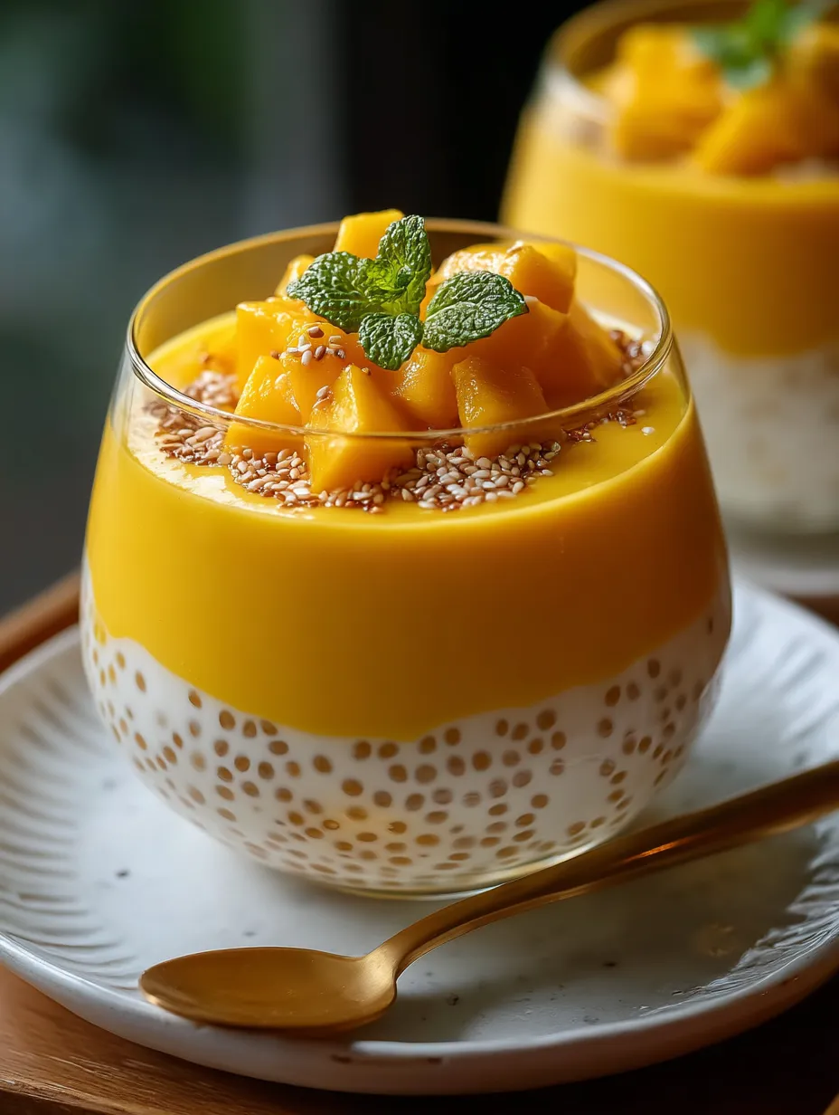 Ein Glas Mango-Sago-Dessert.