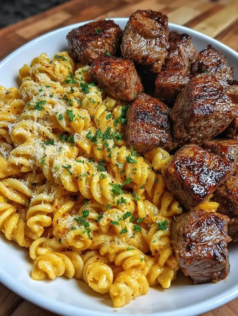 Ein Teller mit Knoblauchbutter-Steakwürfeln und Cajun-Alfredo-Pasta.