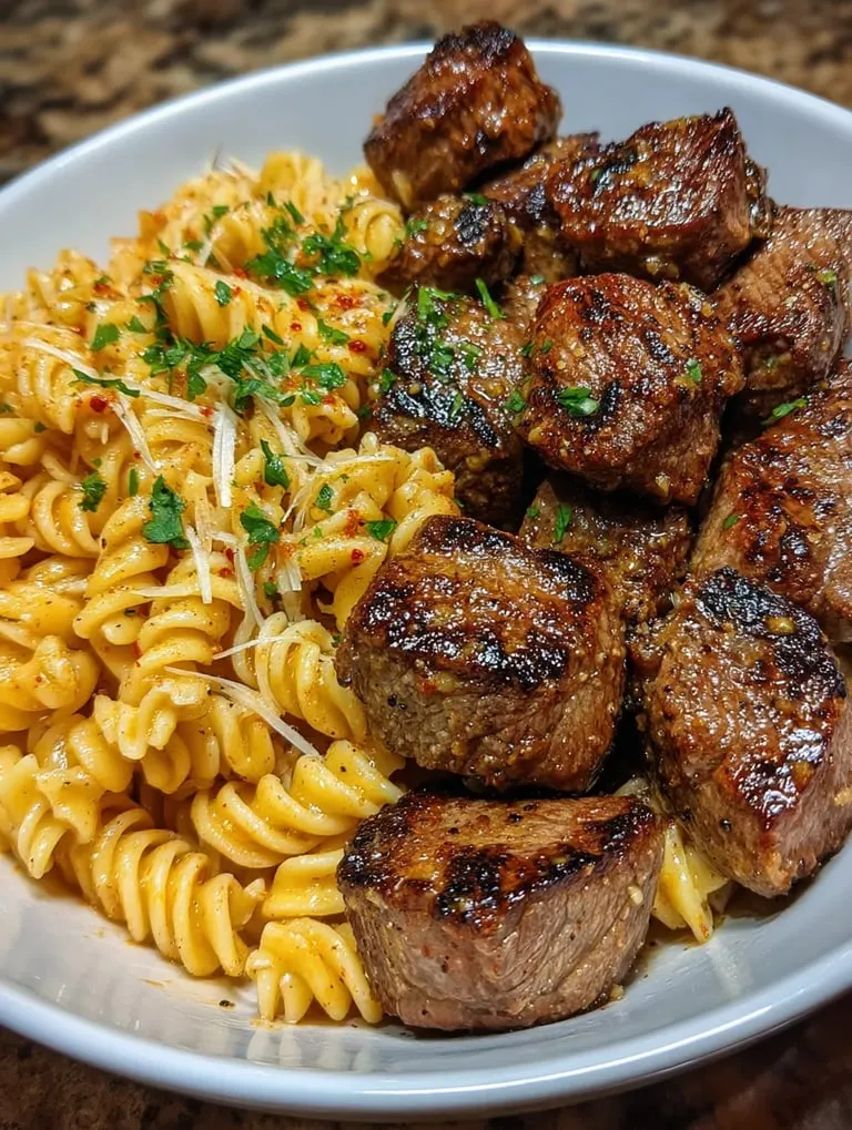 Eine Schüssel Pasta mit Fleisch und Knoblauchbutter.
