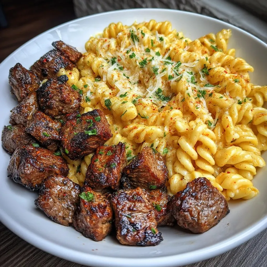 Ein Teller mit Knoblauchbutter-Steakstücken und Cajun-Alfredo-Nudeln.