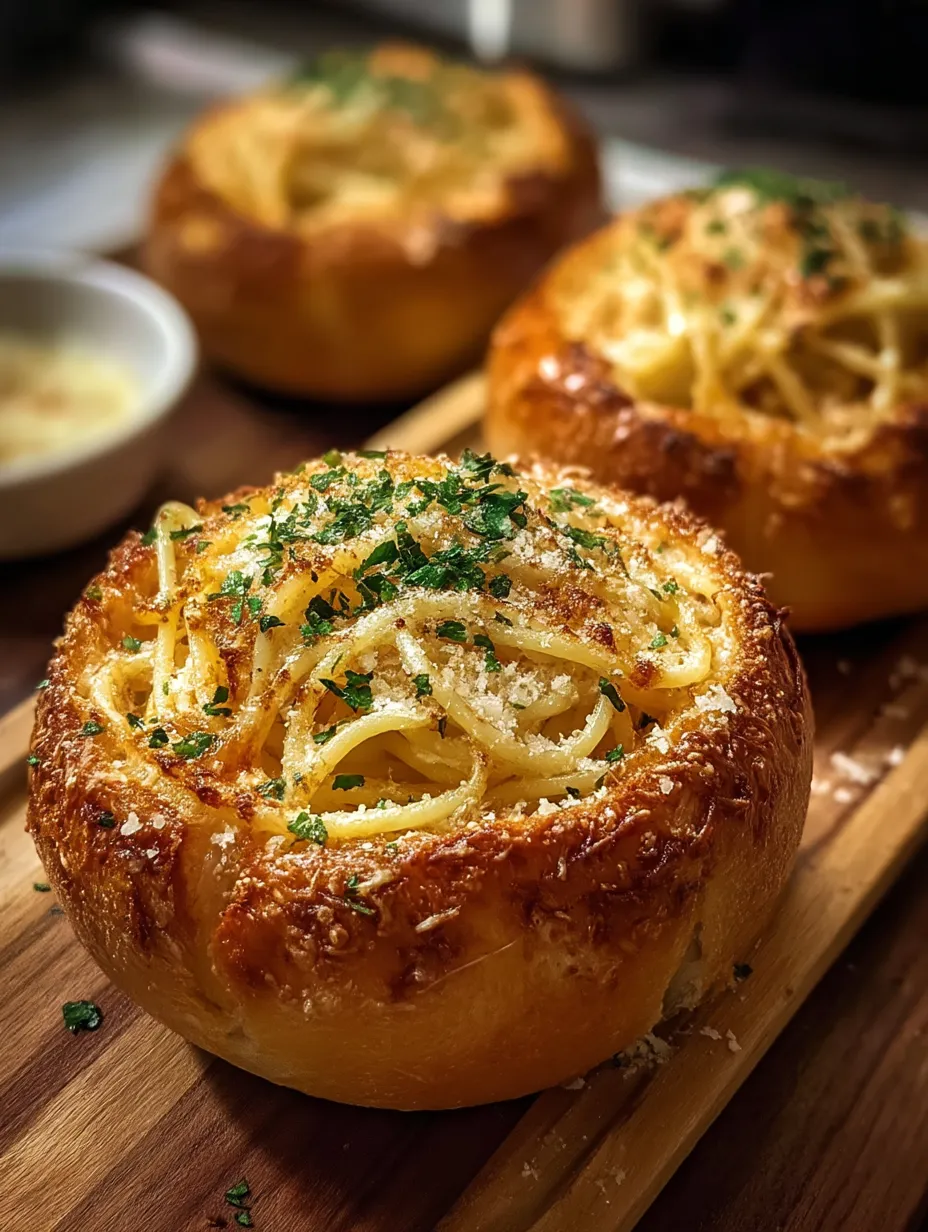Zwei Schalen Spaghetti im Knoblauchbrot.