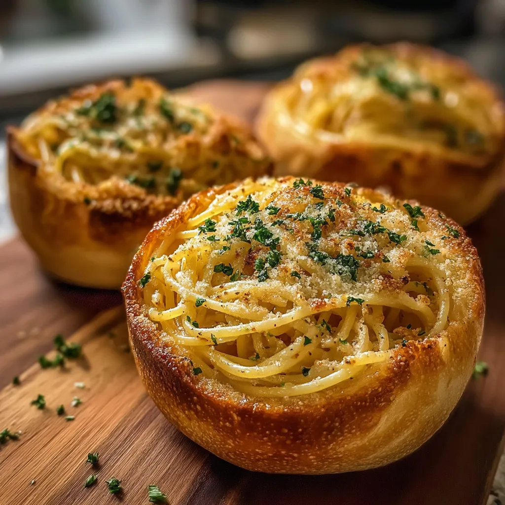 Zwei Schalen Spaghetti im Knoblauchbrot.