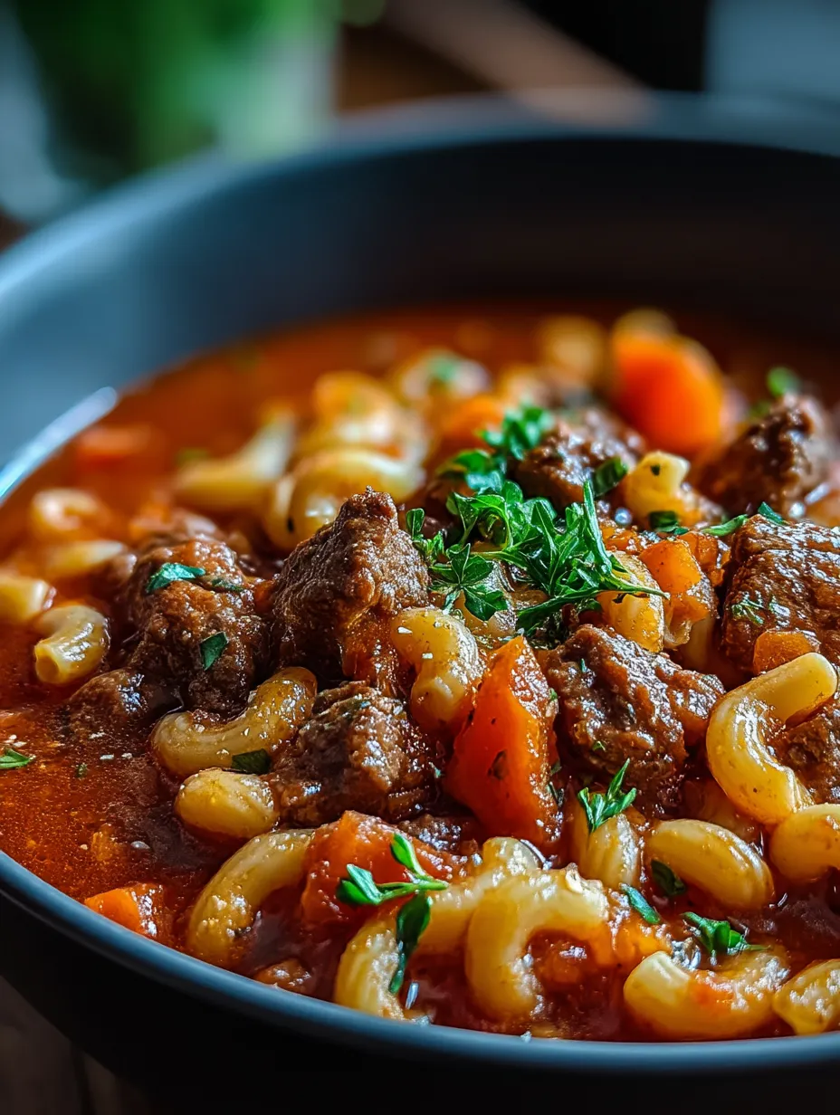 Eine Schüssel Omas Gulasch mit Nudeln und Fleisch.