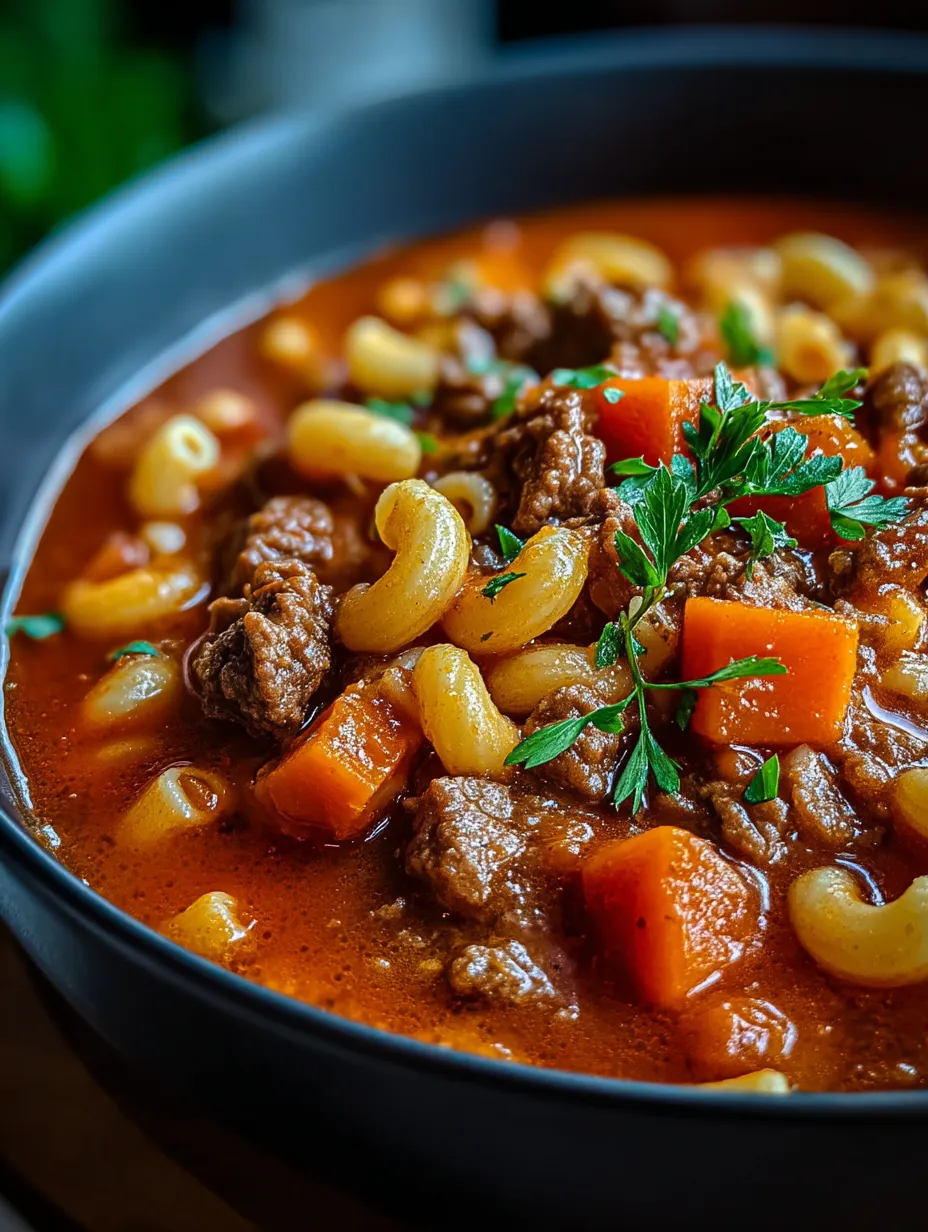 Eine Schüssel Omas Gulasch mit Nudeln und Fleisch.