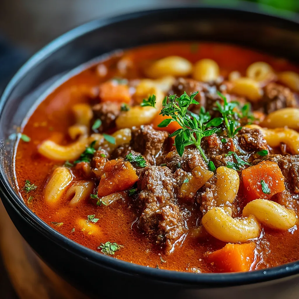 Eine Schüssel Omas Gulasch mit Nudeln und Fleisch.