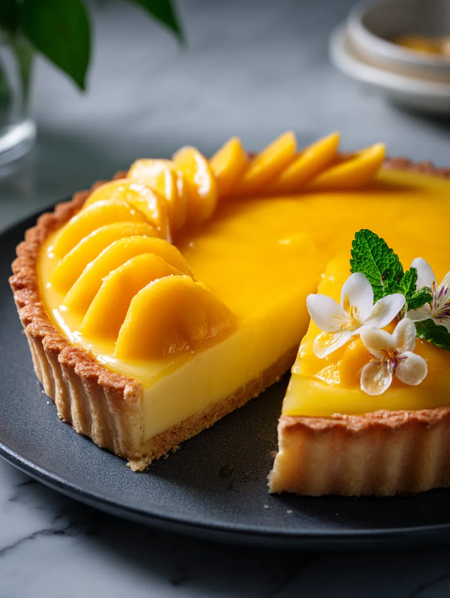 Ein Stück Mangocreme-Tarte.