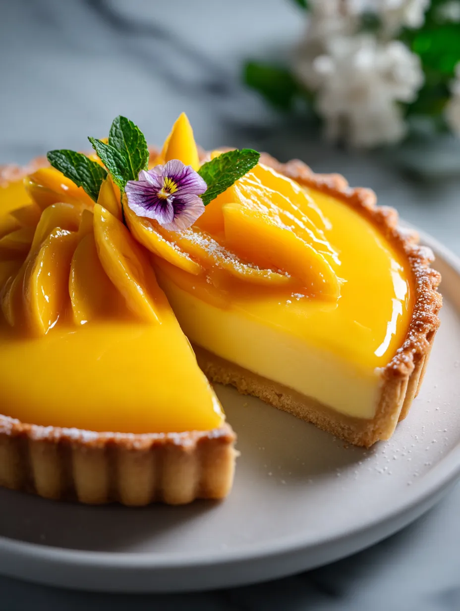 Ein Stück Mangocreme-Tarte Rezept.