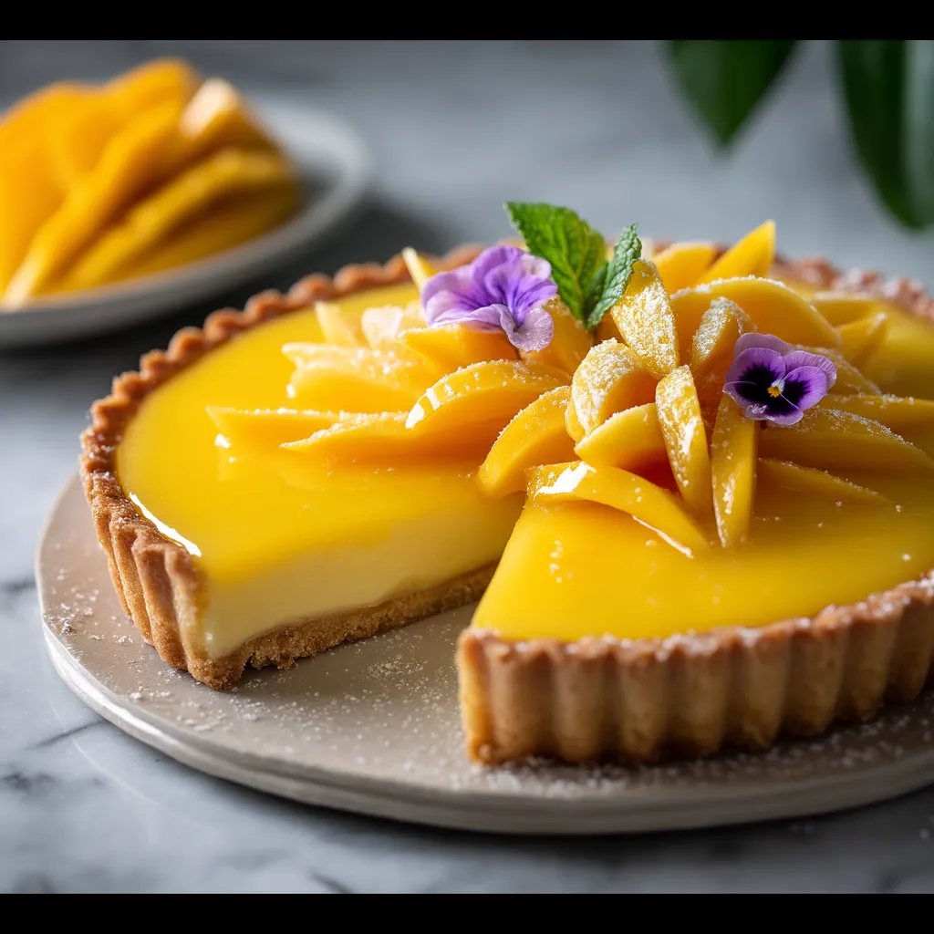 Ein Stück Mango-Quark-Tarte.